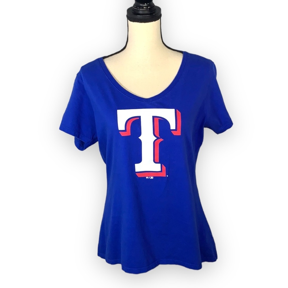 Fanatics Blue V Neck Short Sleeve Texas Rangers Baseball Shirt size Large